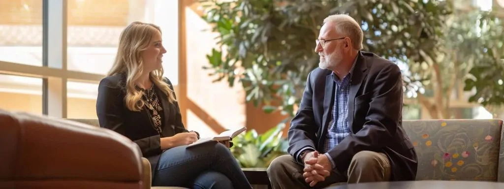 a confident attorney in a modern office setting discusses a significant workers' compensation case with a concerned client, illuminated by soft natural light filtering through large windows, symbolizing hope and clarity in navigating legal challenges.