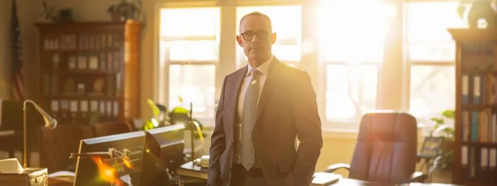 a confident attorney stands in a sunlit office, surrounded by legal books and documents, embodying expertise and support for injured workers seeking justice in long beach.