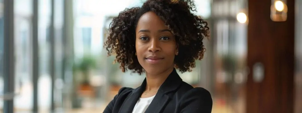 a confident attorney stands in front of a polished office backdrop, exuding professionalism with a subtle hint of compassion, symbolizing their expertise in navigating complex workers' compensation cases.
