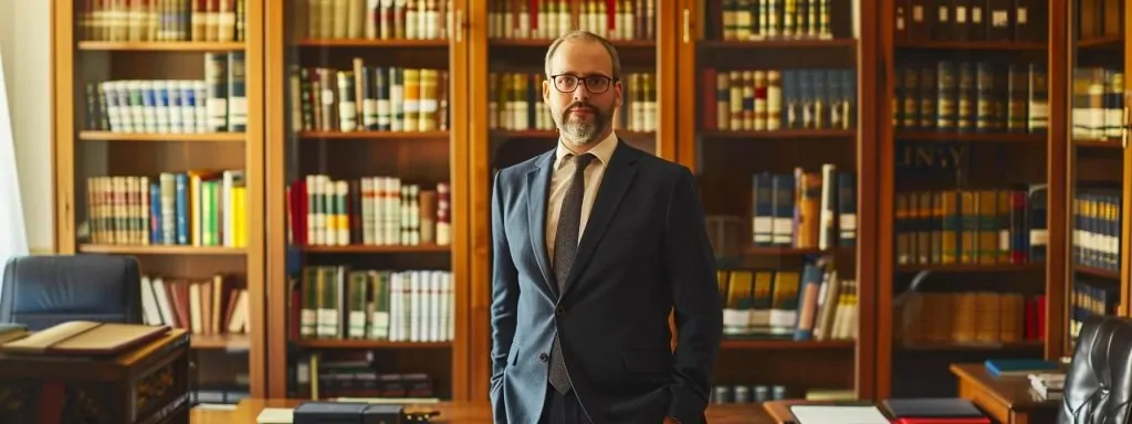 a confident attorney stands in a well-lit office, conveying integrity and honesty through their open posture and sincere expression, surrounded by law books and documents that symbolize transparency and ethical legal representation.