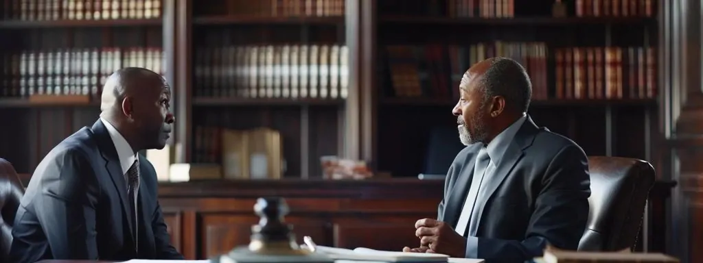a confident client engages in a focused discussion with a workers' compensation attorney in a modern office, surrounded by legal books and documents, emphasizing clarity and communication in a professional atmosphere.