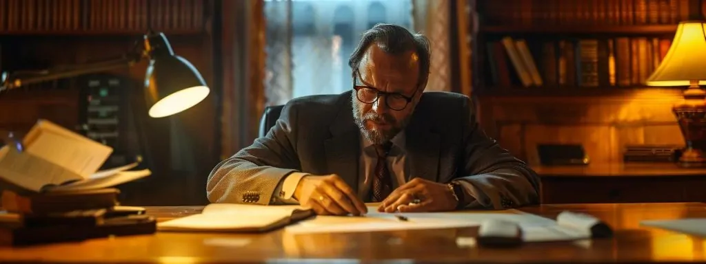 a confident individual sits at a wooden conference table, surrounded by organized files and a laptop, intensely discussing strategies for a workers' compensation claim with an attentive attorney, illuminated by warm, focused lighting that highlights their engaged expressions.