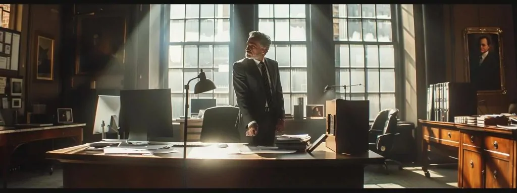 a confident lawyer in a polished office setting engages in an animated conversation with a client, embodying strong communication through expressive gestures and attentive body language, illuminated by soft, natural light streaming through large windows.