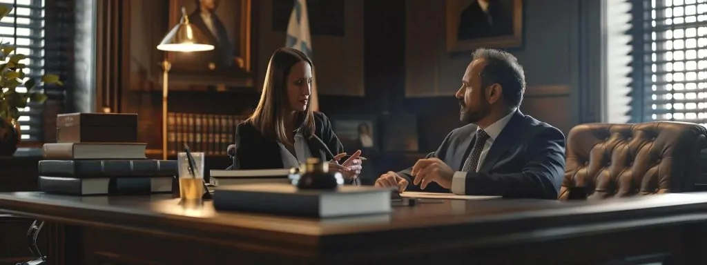 a confident legal professional sits at a sleek office desk, attentively listening to an injured worker, with warm, ambient lighting highlighting their engaged expressions as they discuss workers' compensation rights and support.