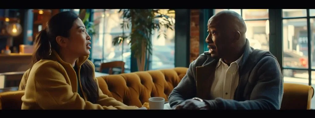 a confident local attorney, surrounded by vibrant community landmarks, engages in an animated conversation with a client, conveying the importance of local expertise in navigating workers' compensation cases.