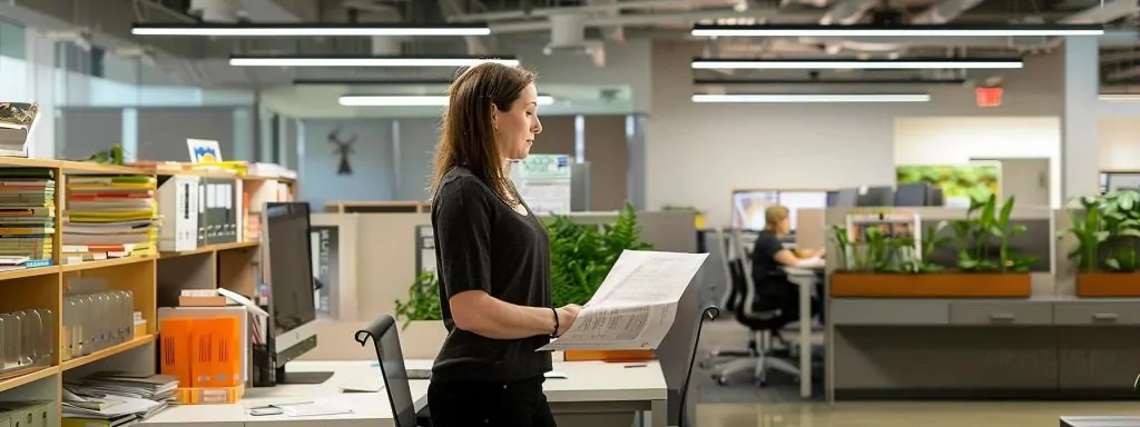 a confident office worker stands in a bright, modern workspace, examining a large document with a look of determination, symbolizing the importance of careful preparation in filing a workers' compensation claim.