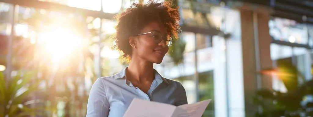a confident worker stands in a sunlit office, reviewing a document with a satisfied expression, symbolizing the successful resolution of a workers' compensation settlement.