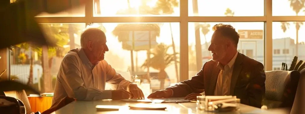 a confident workers' compensation attorney converses with an injured employee in a sunlit long beach office, embodying trust and clarity amidst a backdrop of legal documents and supportive resources.