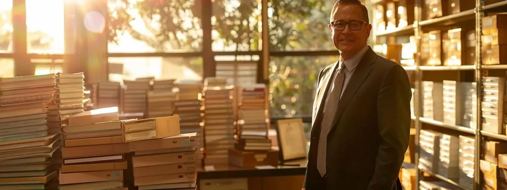 a confident workers' compensation attorney stands in a sunlit long beach office, surrounded by stacks of organized files and documents, conveying the clarity and support essential for navigating california's intricate workers' compensation laws.