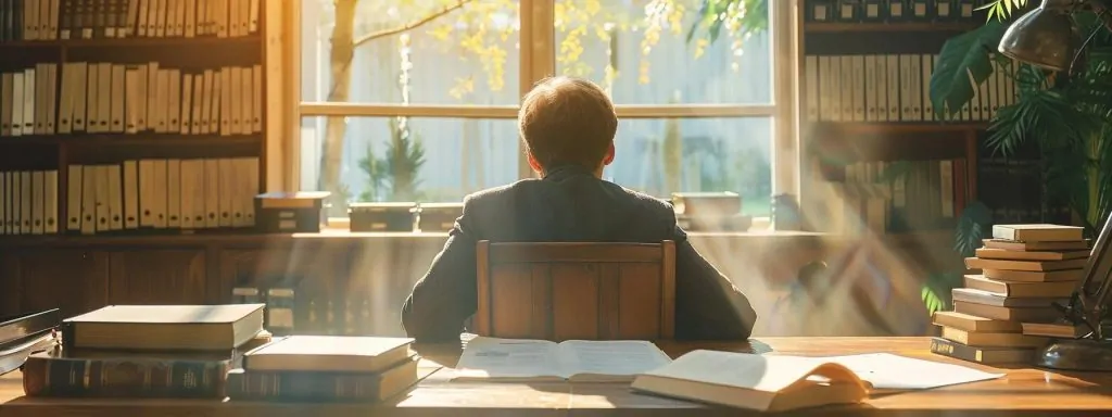 a contemplative individual is seated at a wooden desk, surrounded by legal books and documents, thoughtfully evaluating their options for hiring a workers' comp attorney under soft, natural light streaming through a nearby window.