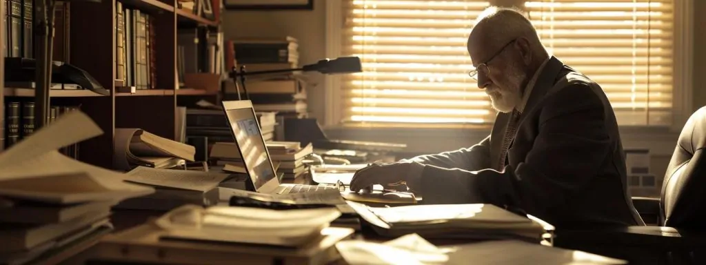 a contemplative individual sits at a desk cluttered with legal documents, thoughtfully reviewing a local attorney's profile on a laptop, illuminated by soft, warm lighting that highlights the seriousness of their decision-making process.