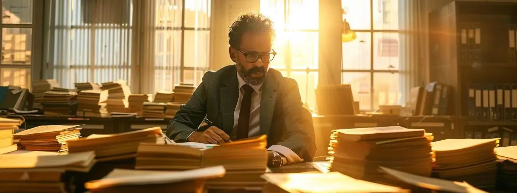 a determined attorney reviews case files in a sunlit office, conveying the critical steps of the workers' compensation claim process with a focused expression amid stacks of documents.