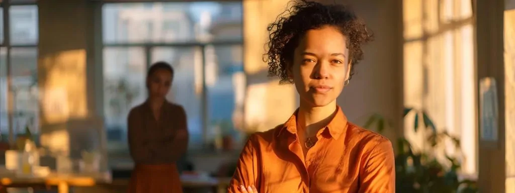 a determined employee stands confidently in a bright office, symbolizing resilience against employer retaliation, as a shadowy figure lurks ominously in the background, casting a contrast between empowerment and fear.
