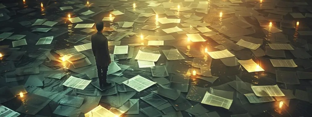 a determined individual navigating a labyrinth of legal documents, surrounded by glowing light fixtures symbolizing hope and guidance, captures the essence of seeking support and clarity in the workers' compensation claims process.
