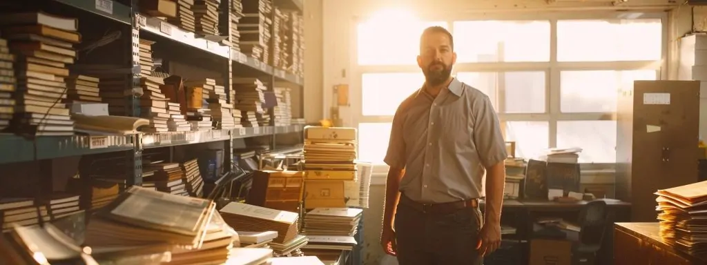 a determined injured worker stands confidently in a sunlit long beach office, surrounded by paperwork and legal books, symbolizing the struggle and resilience in navigating workers' compensation claims.