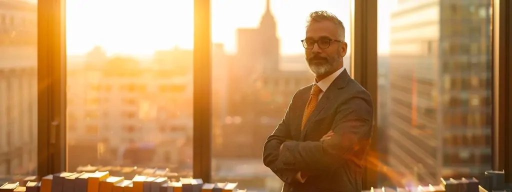 a determined local attorney stands confidently in their office, surrounded by legal books and case files, emphasizing their vital role in guiding injured workers through the complexities of compensation claims against a backdrop of a city skyline illuminated by warm, afternoon sunlight.