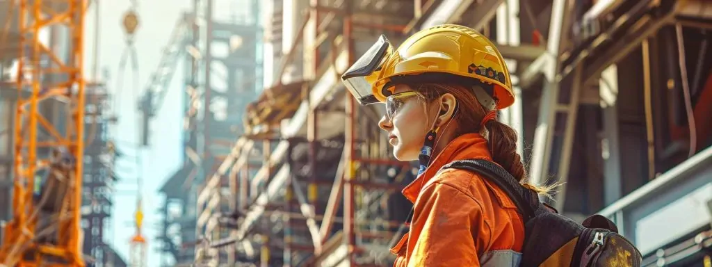 a determined worker, clad in vibrant safety gear, stands amidst a bustling construction site, surrounded by towering scaffolding and heavy machinery, embodying resilience and the spirit of recovery in the face of work-related challenges, under a bright, blue sky.