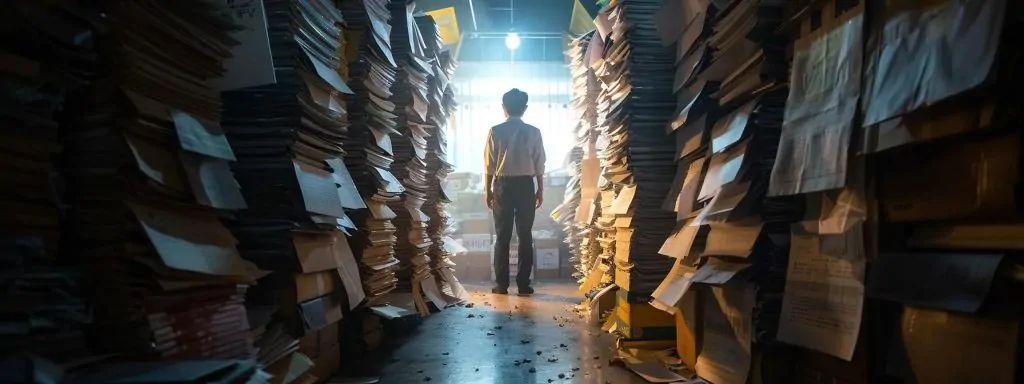 a determined worker stands resolutely in a dimly lit office, surrounded by stacks of paperwork and rejection letters, symbolizing the struggles faced in navigating the complexities of workers' compensation claims.