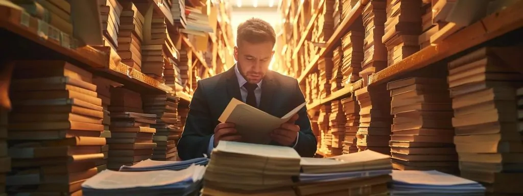 a determined workers' compensation attorney confidently navigates a maze of paperwork and legal documents, symbolizing the journey to appeal a claim denial, underdramatic soft lighting that highlights the intensity of the moment.