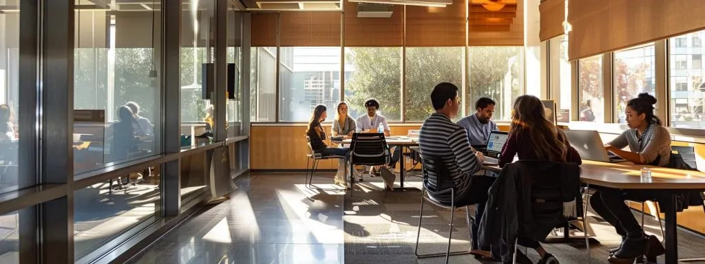 a diverse group of individuals engage in a dynamic discussion over legal documents in a sunlit office, representing the accessibility and variety of alternative payment options for legal services.