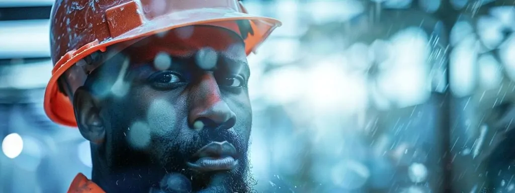 a dramatic close-up of a worried employee in a hard hat standing amidst a construction site, with abstract overlays of hidden fee icons subtly integrated into the background, symbolizing the complexities of workers' compensation legal services.