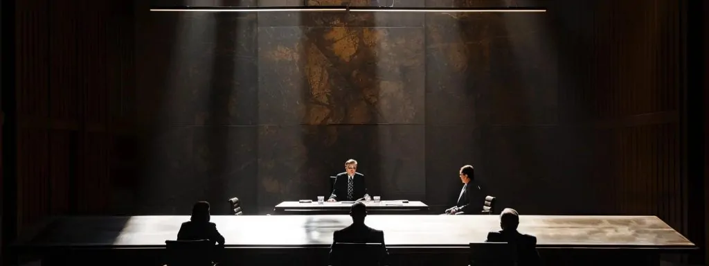 a dramatic courtroom scene captures a tense moment with a judge presiding over a case, illuminated by harsh overhead lights, as a concerned worker and their attorney confront the challenges of a denied worker&rsquo;s compensation claim in long beach.