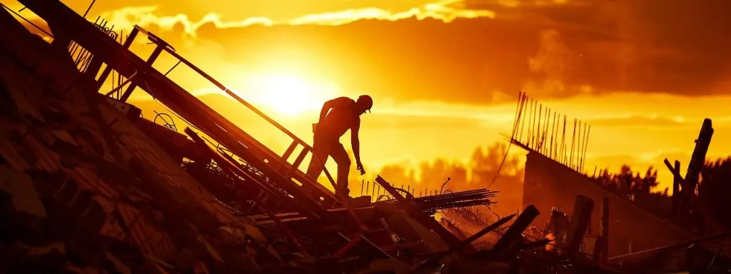 a dramatic image captures a construction site where a worker, silhouetted against a vibrant sunset, carefully navigates around scattered debris and a toppled ladder, symbolizing the potential hazards and risks of workplace injuries.