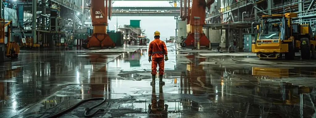 a dramatic image captures a bustling long beach workplace where a worker in safety gear navigates a hazardous environment, emphasizing the theme of workplace safety and the serious consequences of injuries.