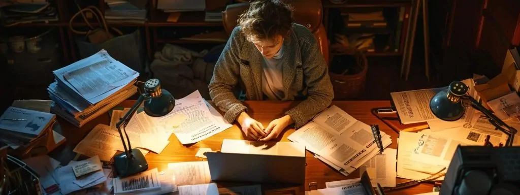 a dramatic scene captures a focused individual surrounded by scattered documents, medical records, and an open laptop, all illuminated by the warm glow of a desk lamp, symbolizing the meticulous documentation of a workplace injury for a compensation claim.