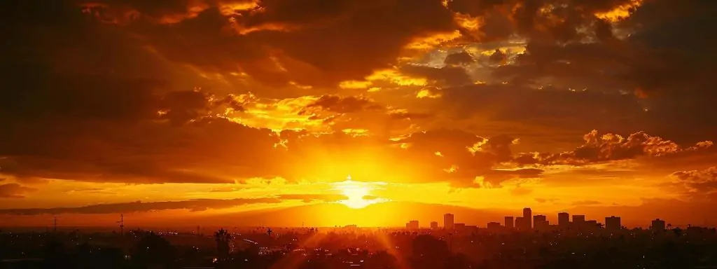 a dramatic sunset casts a golden hue over the long beach skyline, symbolizing the journey and resolution of a workers' compensation case.