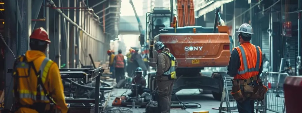 a dynamic workplace scene in long beach captures the intensity of construction injuries, showcasing workers in safety gear amidst a backdrop of towering equipment, highlighting the pressing need for health care access and legal support in navigating workers' compensation claims.