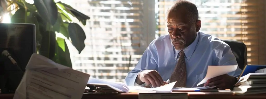 a focused and determined individual sits at a desk, surrounded by documents and a computer, reviewing an important workers' compensation appeal with a backdrop of a bright, sunlit office that evokes a sense of urgency and hope.