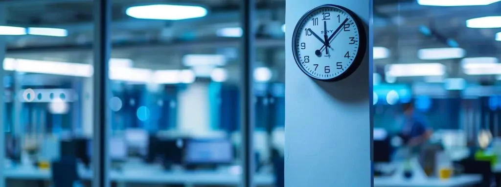 a focused clock with bold, vibrant markings looms over a blurred backdrop of a bustling office, symbolizing the critical nature of timing in the workers' compensation settlement process.