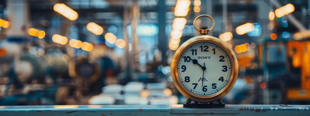 a focused close-up of a clock face with striking hands against a blurred background of a bustling workplace, symbolizing the urgent deadlines faced by injured workers in california's workers' compensation claims process.
