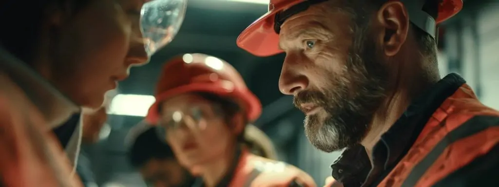 a focused close-up of a diverse group of workers in hard hats and safety gear, thoughtfully reviewing documents about workplace injuries under soft, natural lighting to symbolize the importance of understanding workers' compensation claims.