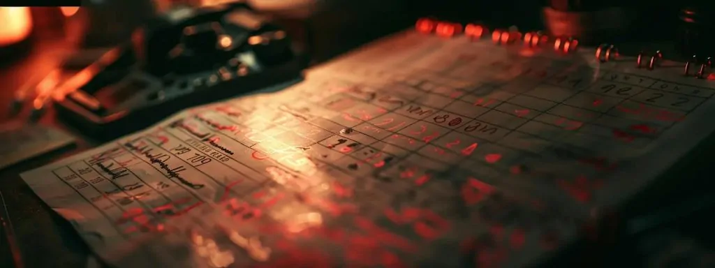 a focused, dramatic close-up of a calendar page with marked deadlines in bold red ink, under soft, ambient lighting that conveys urgency and importance in understanding workers' compensation timelines.