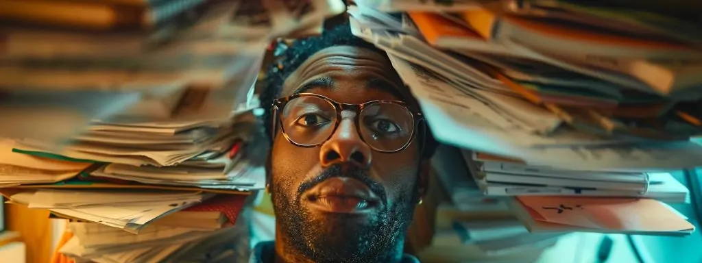 a focused, dramatic close-up of a worried worker surrounded by disorganized paperwork and medical files, highlighting the stress and confusion of navigating the workers' compensation claim process.