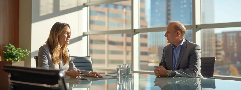 a focused individual sits at a sleek conference table, intently engaging with a professional attorney during a free consultation, with a bright, sunlit office backdrop emphasizing clarity and trust in the decision-making process.