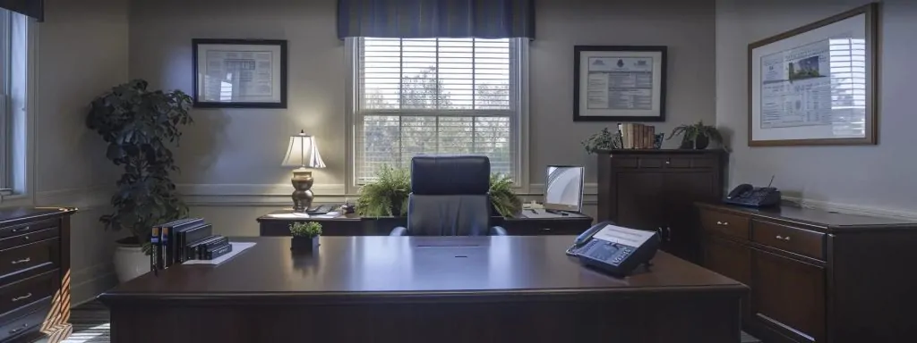 a focused, modern office setting captures a neatly organized desk adorned with essential personal documents and a laptop, symbolizing the preparation process for a meeting with a workers' compensation attorney.