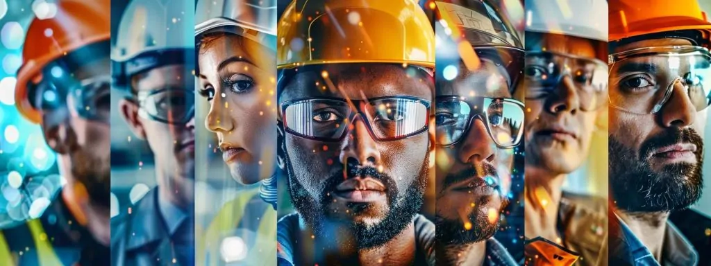 a focused montage of determined workers in various professions, each surrounded by vibrant, bold imagery of safety gear and protective environments, symbolizing the essential components of workplace safety and the importance of workers' compensation claims.