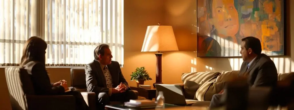 a focused negotiation scene between a clients and their attorney, illuminated by soft, warm lighting in a modern office, conveying a sense of trust and clarity in communication during their discussion on workers' compensation.