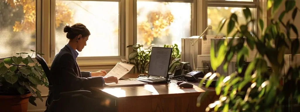 a focused office scene depicts a determined client reviewing documents at a desk, illuminated by soft natural light, symbolizing proactive engagement and efficient follow-up in a workers' compensation case.
