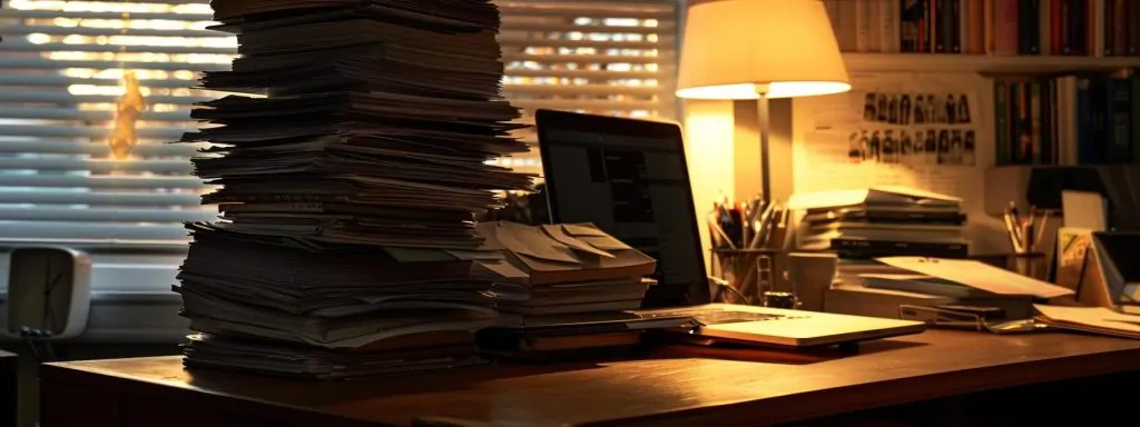 a focused, organized workspace displays a neatly arranged stack of state workers' compensation documents alongside a laptop, bathed in warm, natural light, symbolizing preparedness and clarity in navigating legal complexities.