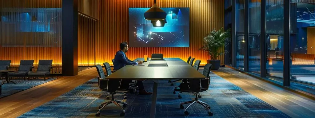 a focused professional sits confidently at a sleek conference table, engaging in a dynamic negotiation with clear visual aids and documents that signify a strategic discussion, illuminated by warm ambient lighting that enhances the atmosphere of collaboration and resolution.