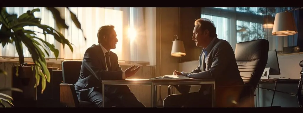 a focused scene captures a professional meeting between a knowledgeable attorney and an injured worker, highlighting their engaged conversation in a well-lit office that symbolizes guidance and support in navigating the complex landscape of workers' compensation deadlines.