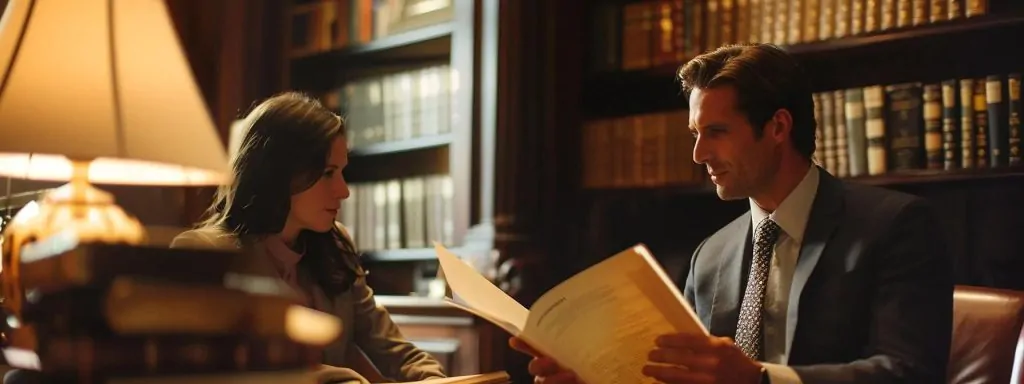 a focused scene depicts a determined workers' compensation attorney in an elegant office, confidently discussing strategy with an injured client, surrounded by law books and legal documents that symbolize the complexity of navigating workplace injury cases.