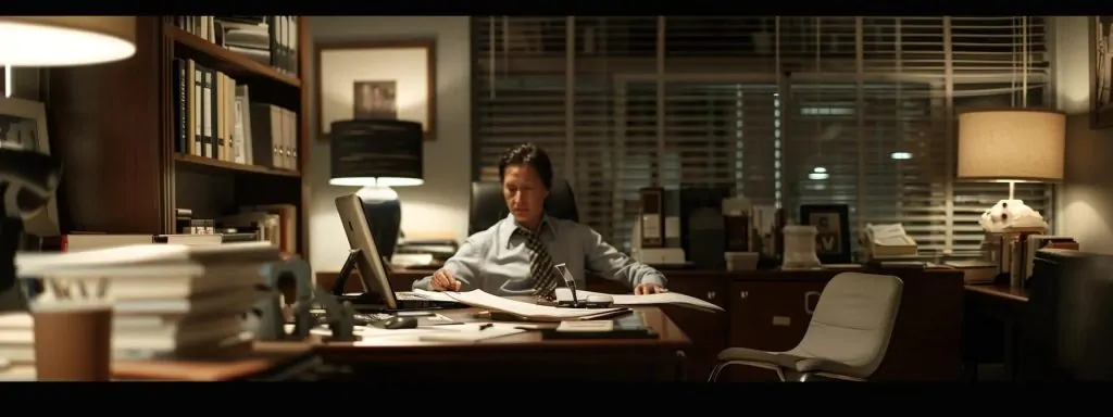 a focused scene of a determined workers' compensation attorney in a modern office, surrounded by legal documents and resourceful tools, symbolizing advocacy for employees' rights and expertise in navigating the complexities of workplace injury claims.