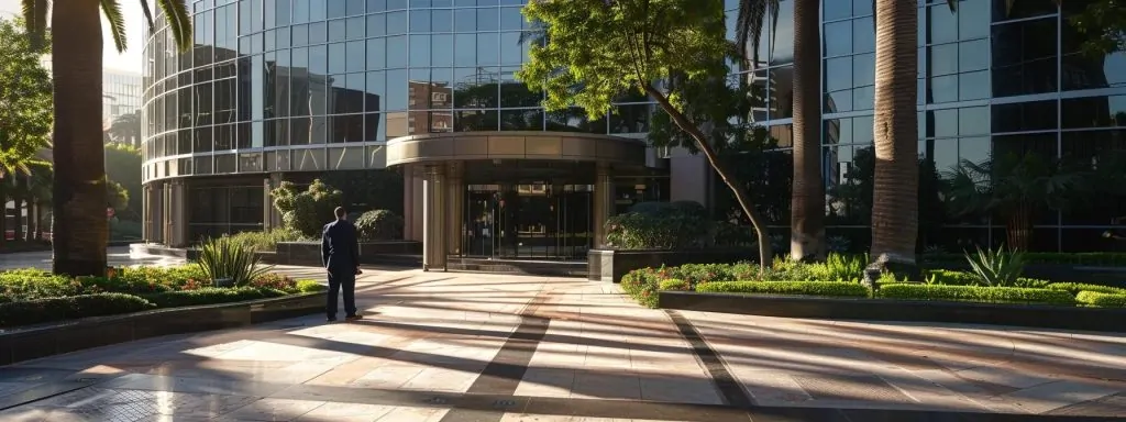 a focused shot of a frustrated worker standing before a large office building, symbolizing the complexities of the workers' compensation appeal process in long beach, illuminated by dramatic afternoon sunlight creating stark contrasts.