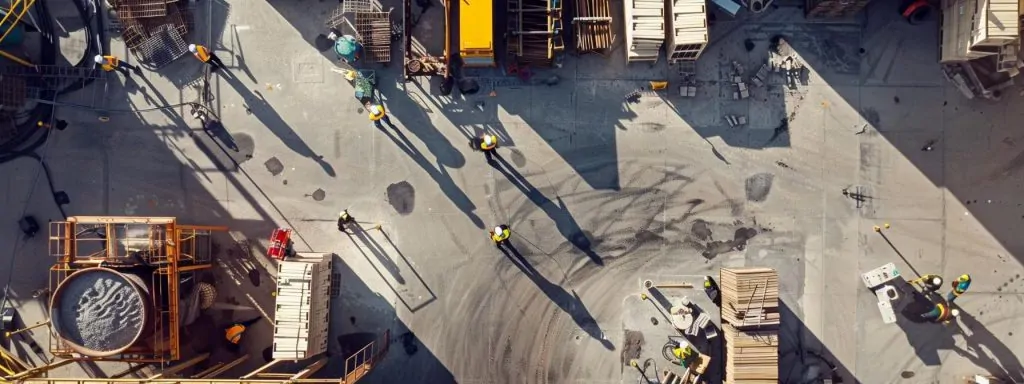 a hovering aerial view captures a bustling long beach workplace, showcasing diverse employees engaged in various tasks, with a stark contrast of vibrant safety equipment against a backdrop of industrial hazards, symbolizing the critical importance of awareness and understanding in workers' compensation claims.