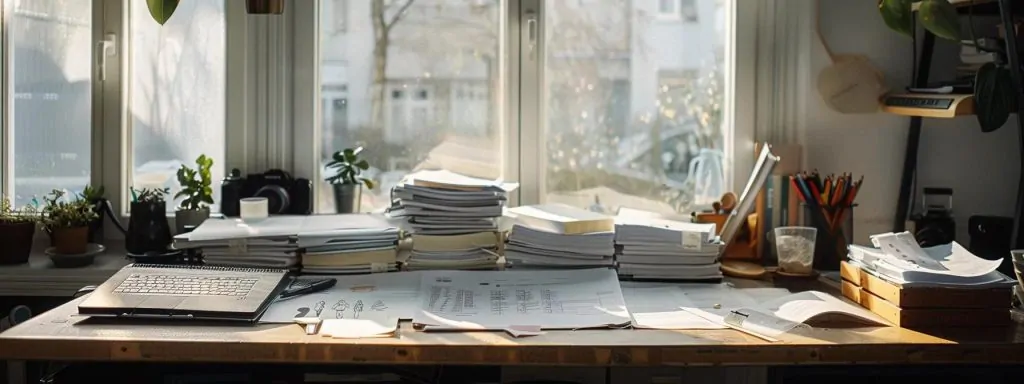 a meticulously arranged workspace showcases essential documents for filing a workers' compensation claim, including medical records, incident reports, and witness statements, all illuminated by soft, natural light streaming through a nearby window.